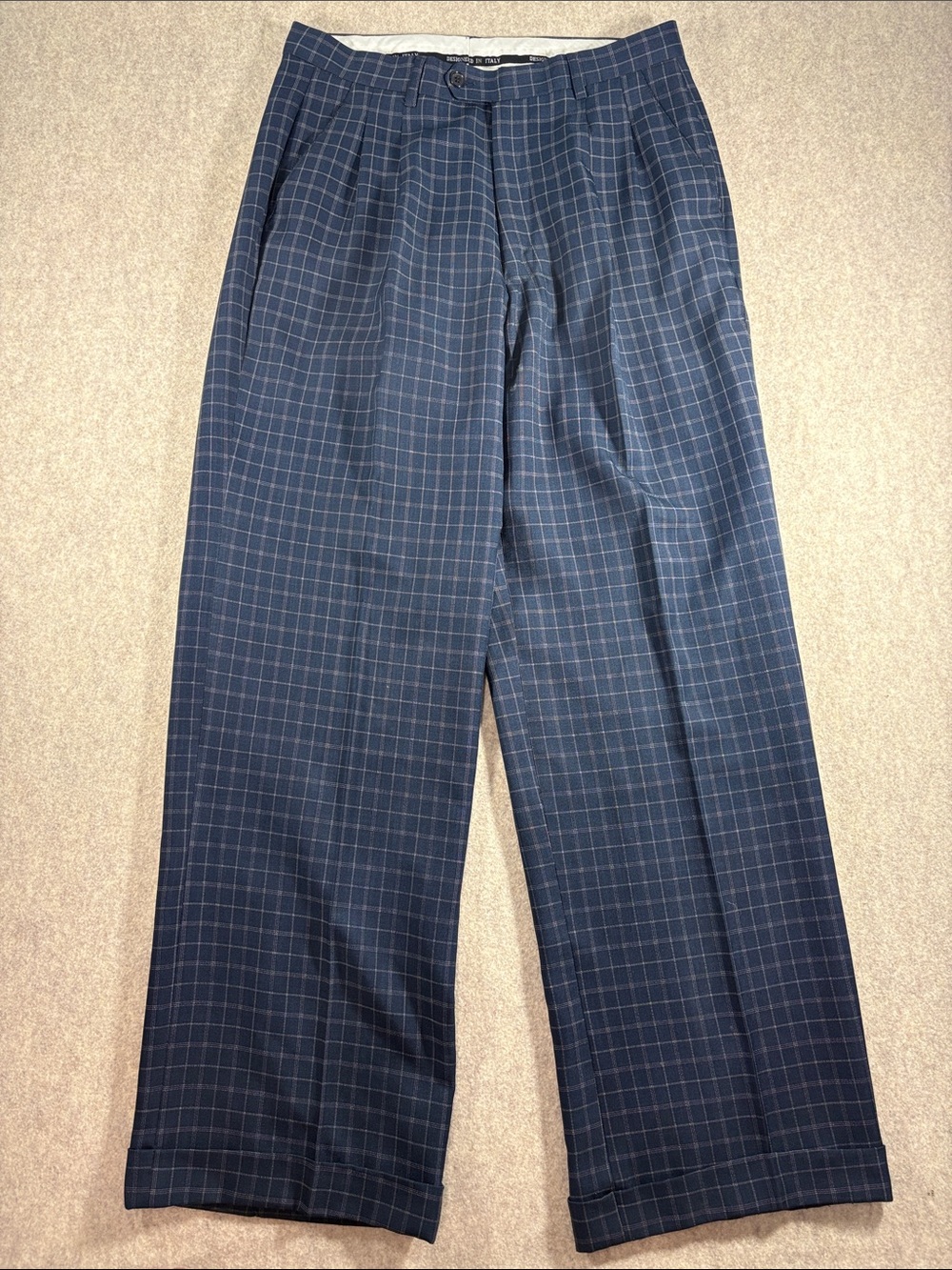 Statement Suits Men’s Super 150s Wool Blend Plaid Trousers Pleated Pants 34R